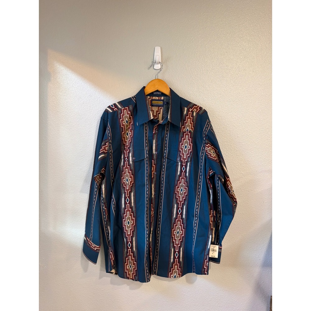 Panhandle Slim Western Shirt Mens XL Teal Aztec Geometric Pearl Snap NWT Vtg